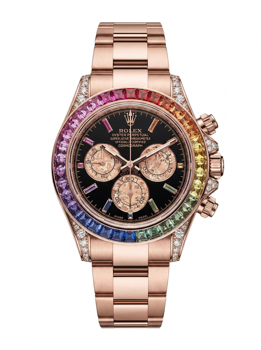 Rolex Cosmograph Daytona 40 mm – Rose Gold – Custom Chronograph Dial & Rainbow Bezel – Oyster