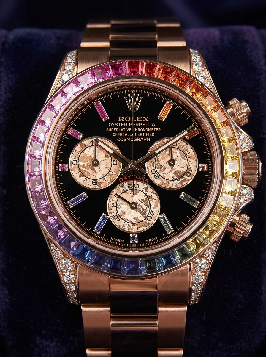 Rolex Cosmograph Daytona 40 mm – Rose Gold – Custom Chronograph Dial & Rainbow Bezel – Oyster