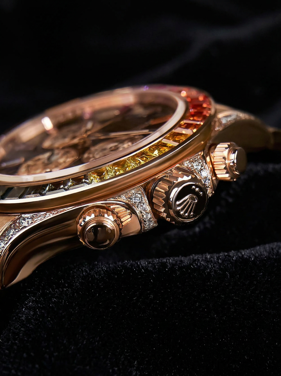 Rolex Cosmograph Daytona 40 mm – Rose Gold – Custom Chronograph Dial & Rainbow Bezel – Oyster