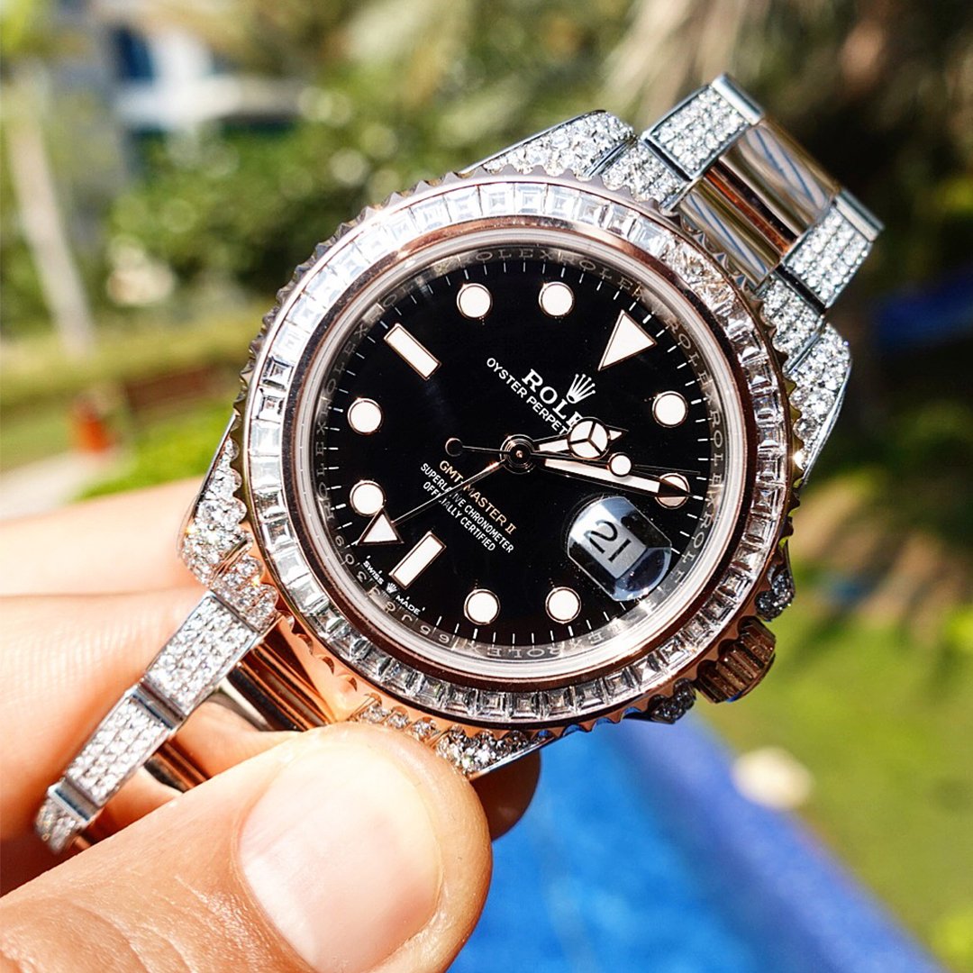 ROLEX GMT-MASTER II – 18CT EVEROSE & OYSTERSTEEL “ROOTBEER” – BLACK DIAL – CUSTOM DIAMOND SET