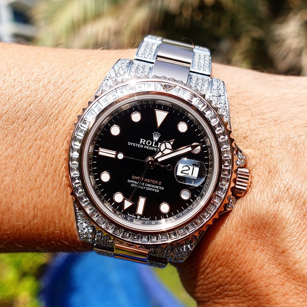 ROLEX GMT-MASTER II – 18CT EVEROSE & OYSTERSTEEL “ROOTBEER” – BLACK DIAL – CUSTOM DIAMOND SET