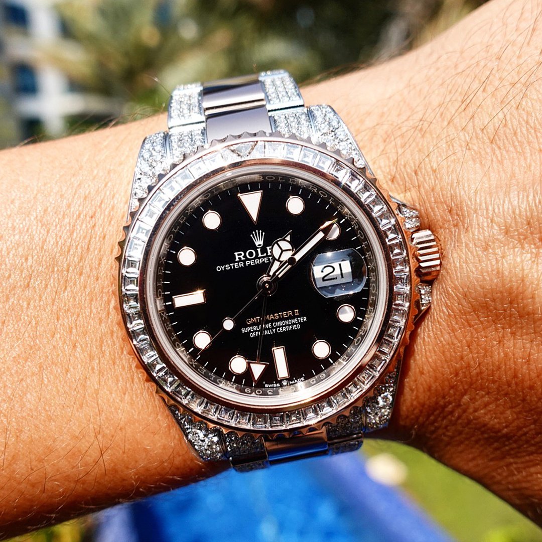 ROLEX GMT-MASTER II – 18CT EVEROSE & OYSTERSTEEL “ROOTBEER” – BLACK DIAL – CUSTOM DIAMOND SET