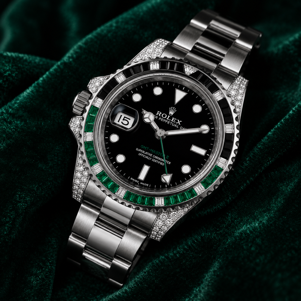 Rolex GMT-Master II 40 mm – Oystersteel – "Sprite" Custom Diamond-Set with Green/Black Gemstone Bezel