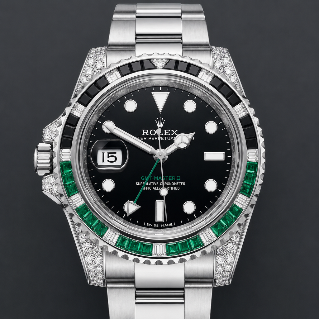 Rolex GMT-Master II 40 mm – Oystersteel – "Sprite" Custom Diamond-Set with Green/Black Gemstone Bezel