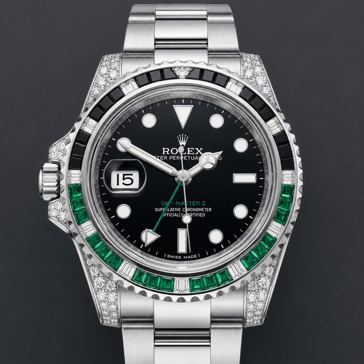 Rolex GMT-Master II 40 mm – Oystersteel – "Sprite" Custom Diamond-Set with Green/Black Gemstone Bezel