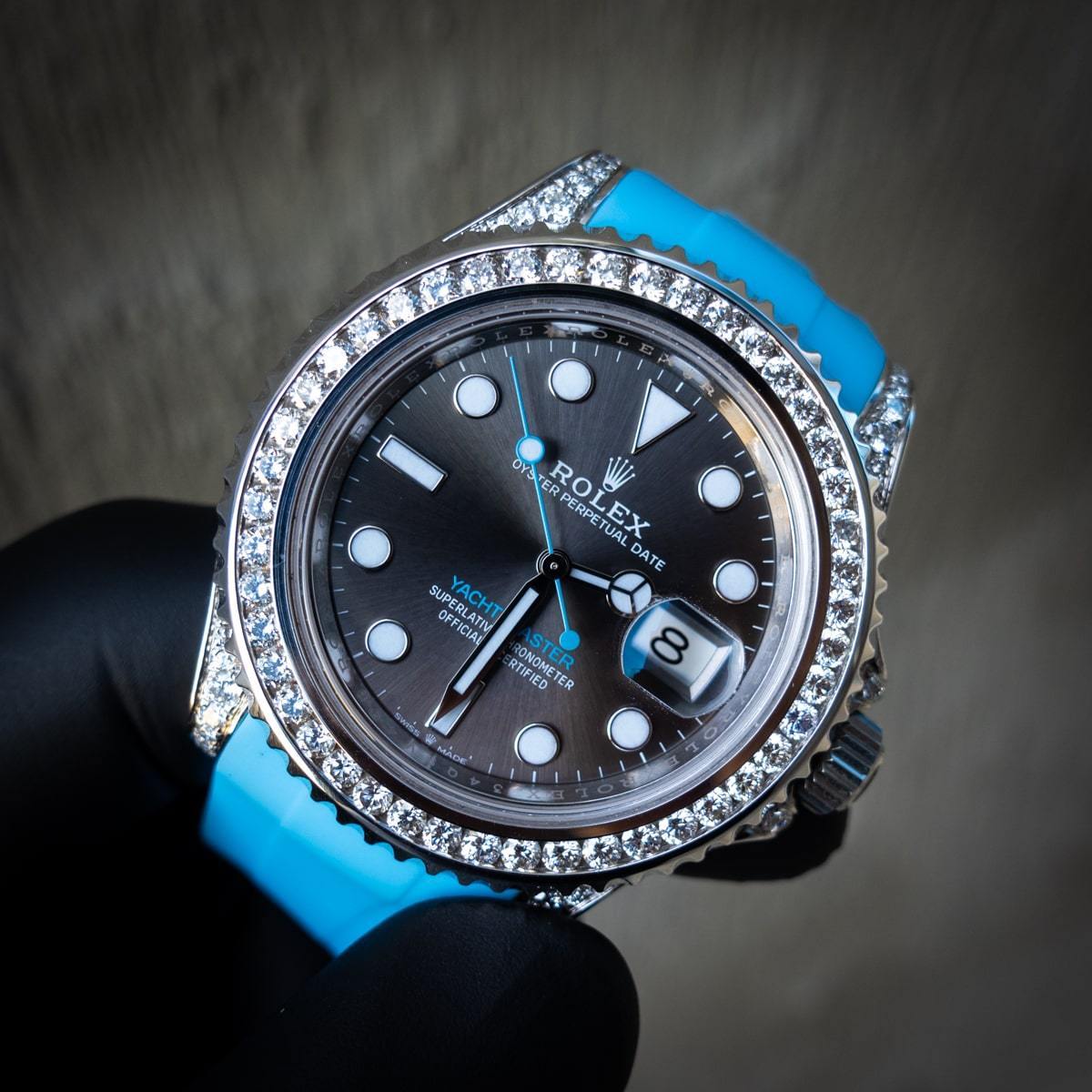 ROLEX YACHT-MASTER 40 – ROLESIUM OYSTERSTEEL – OYSTER – CUSTOM DIAMOND SET (RHODIUM) – HORUS MIAMI BLUE