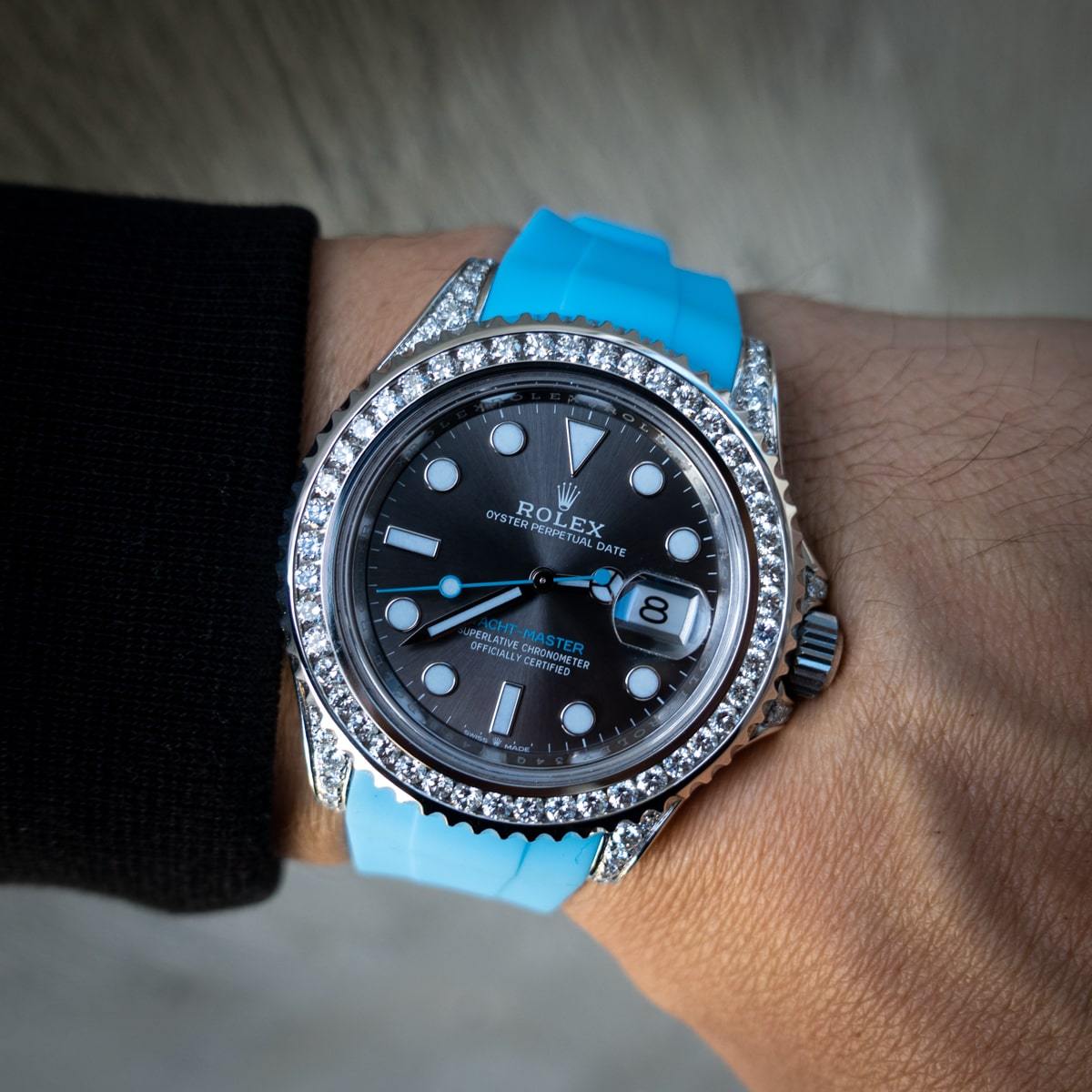 ROLEX YACHT-MASTER 40 – ROLESIUM OYSTERSTEEL – OYSTER – CUSTOM DIAMOND SET (RHODIUM) – HORUS MIAMI BLUE