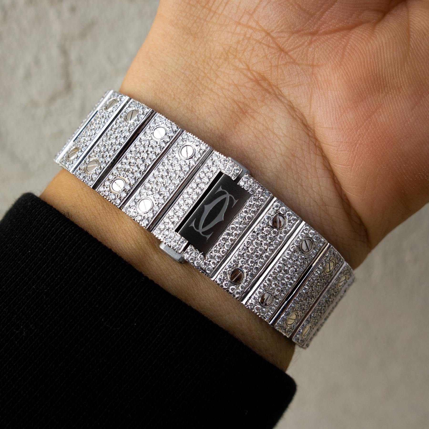 CARTIER – SANTOS DE CARTIER – STEEL – BLUE DIAL – CUSTOM PAVÉ DIAMOND SET