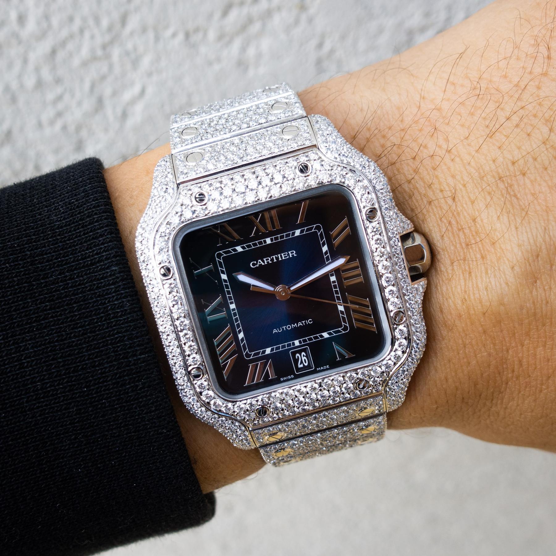 CARTIER – SANTOS DE CARTIER – STEEL – BLUE DIAL – CUSTOM PAVÉ DIAMOND SET