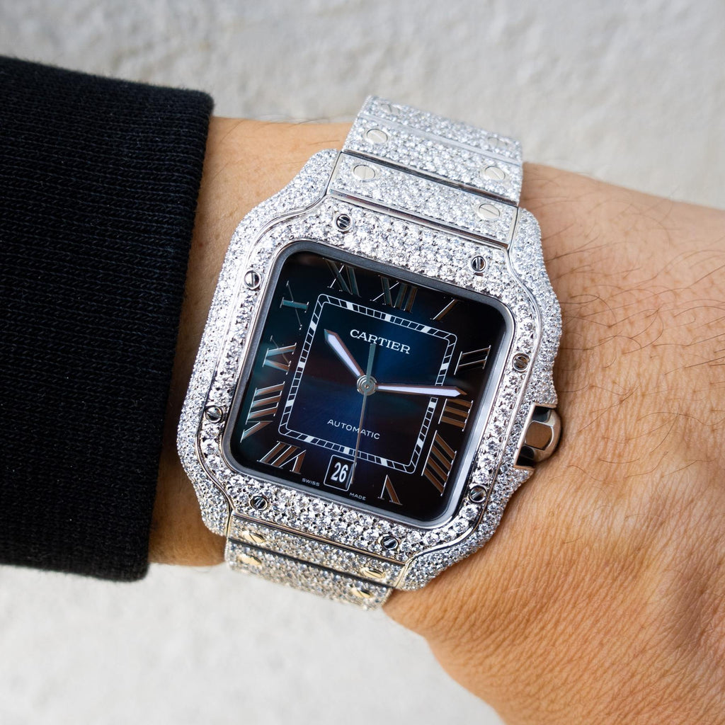 CARTIER – SANTOS DE CARTIER – STEEL – BLUE DIAL – CUSTOM PAVÉ DIAMOND SET