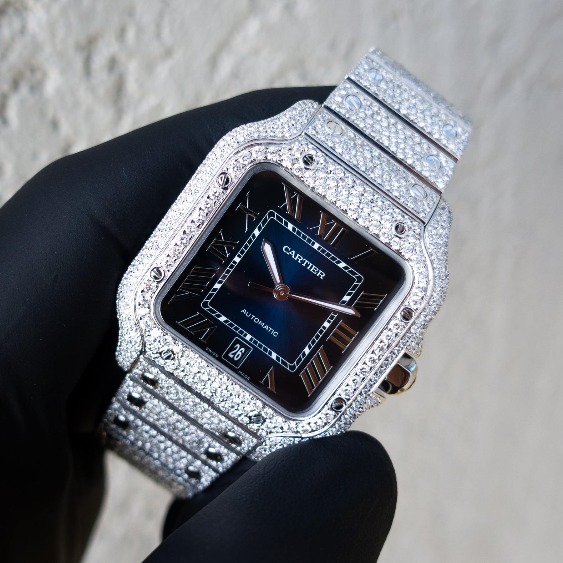 CARTIER – SANTOS DE CARTIER – STEEL – BLUE DIAL – CUSTOM PAVÉ DIAMOND SET