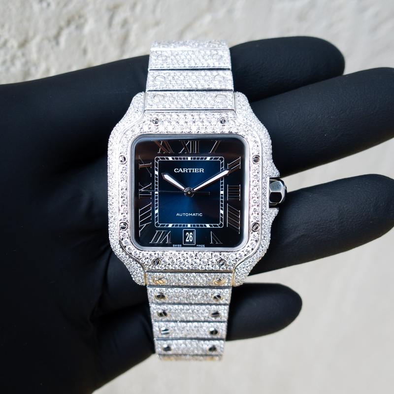 CARTIER – SANTOS DE CARTIER – STEEL – BLUE DIAL – CUSTOM PAVÉ DIAMOND SET