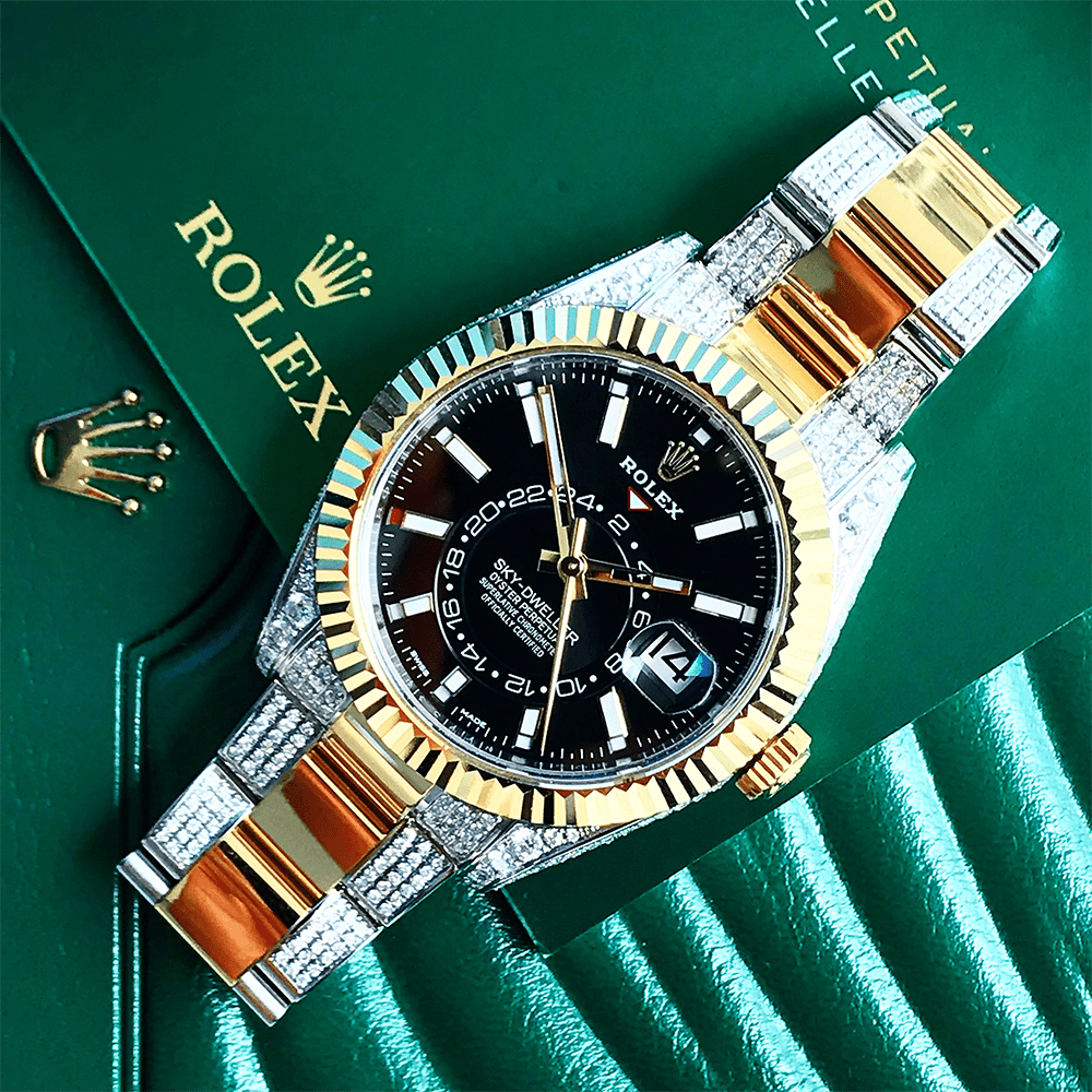 ROLEX SKY-DWELLER – 18CT YELLOW GOLD & OYSTERSTEEL – BLACK – OYSTER – CUSTOM DIAMOND SET