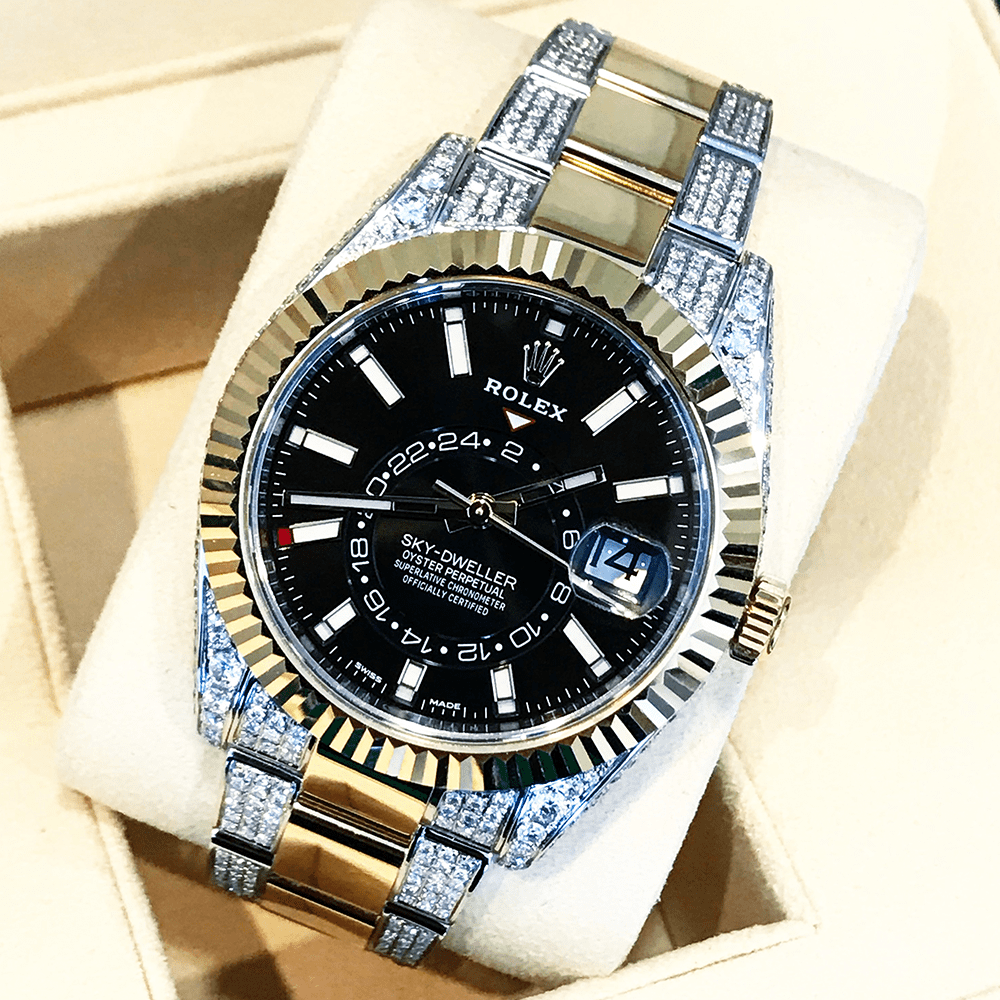 ROLEX SKY-DWELLER – 18CT YELLOW GOLD & OYSTERSTEEL – BLACK – OYSTER – CUSTOM DIAMOND SET