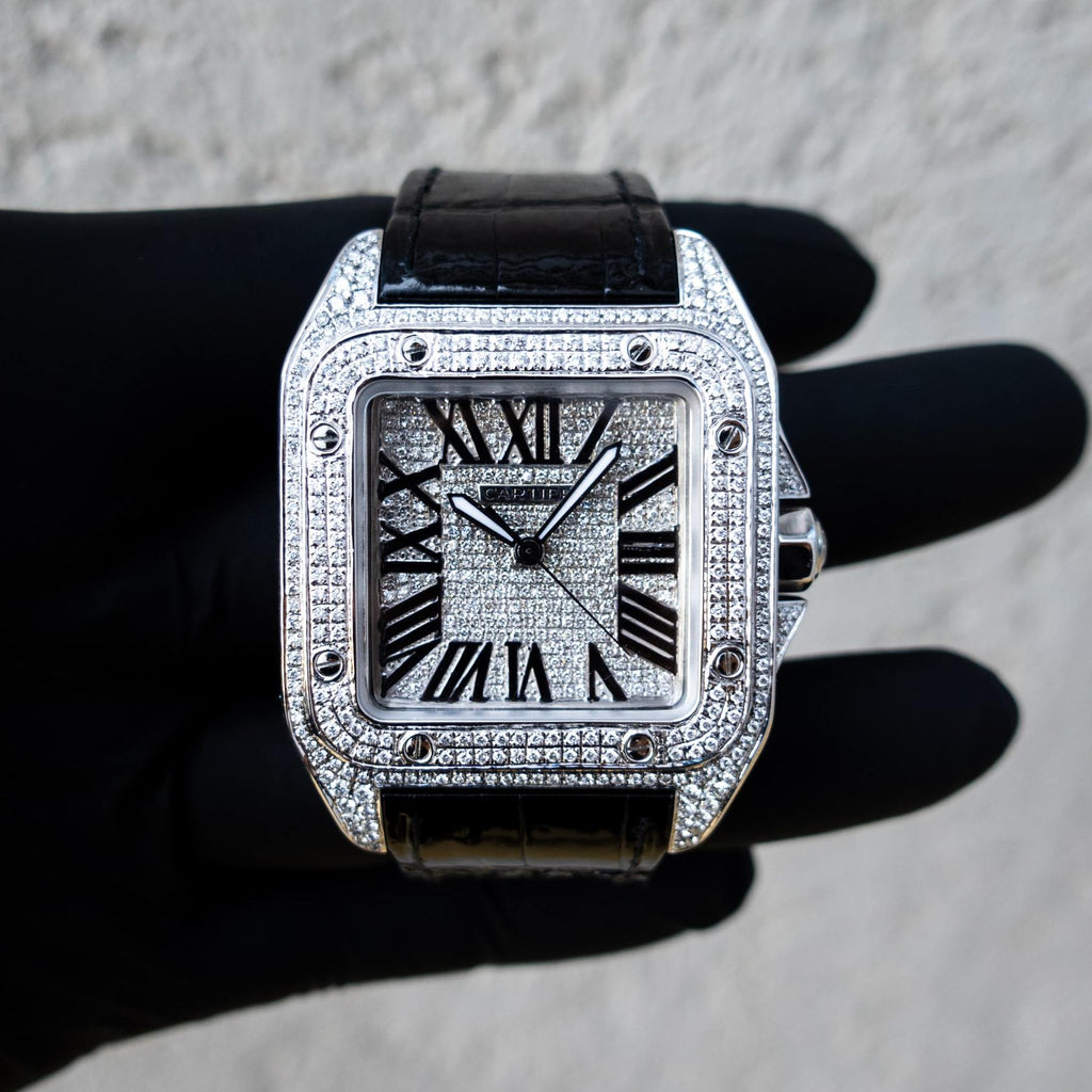 CARTIER SANTOS 100 L – LEATHER – CUSTOM DIAMOND SET & DIAL