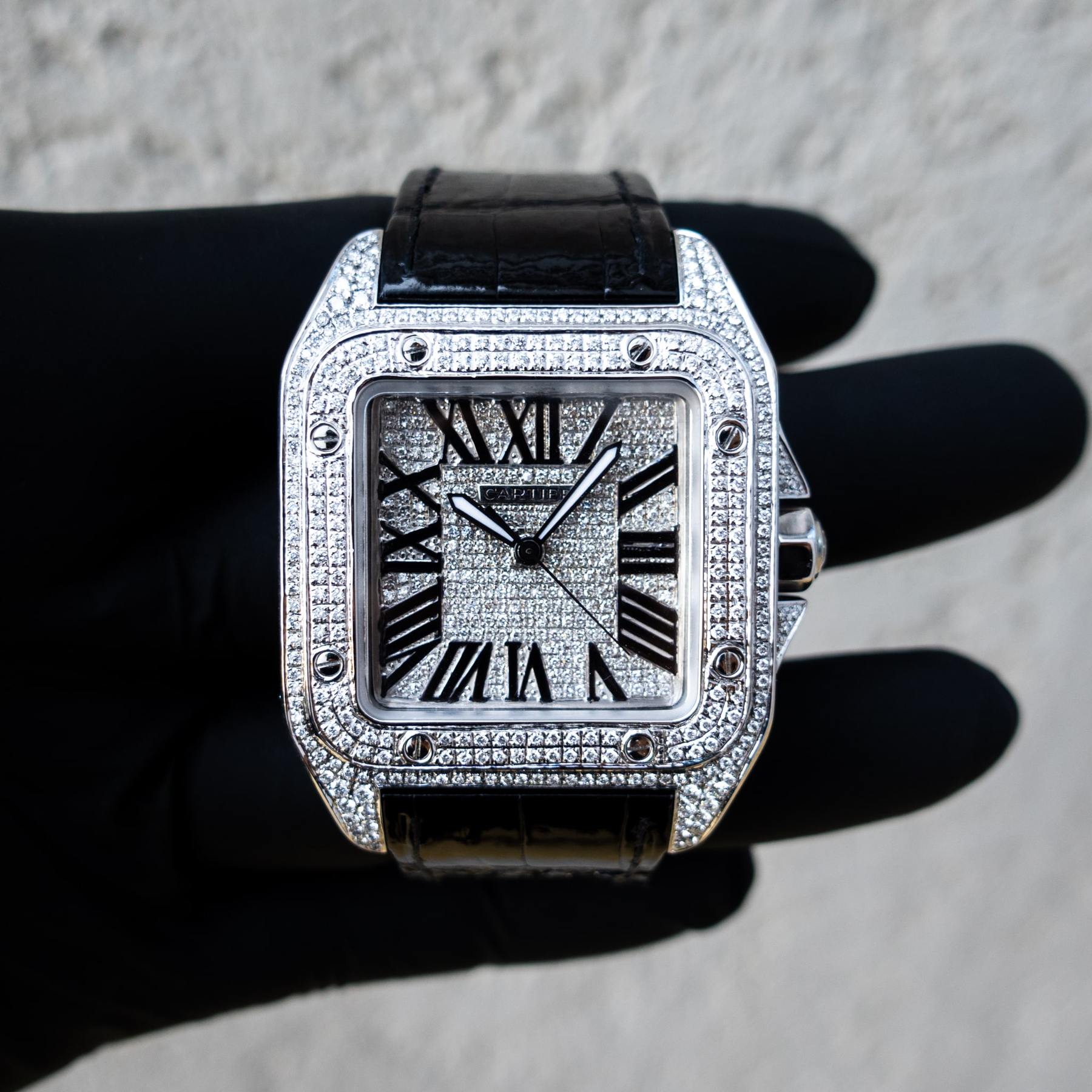 CARTIER SANTOS 100 L – LEATHER – CUSTOM DIAMOND SET & DIAL