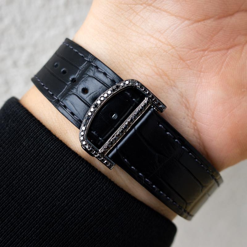 CARTIER – SANTOS DE CARTIER – BLACK DIAMOND & LEATHER – CUSTOM DIAMOND SET