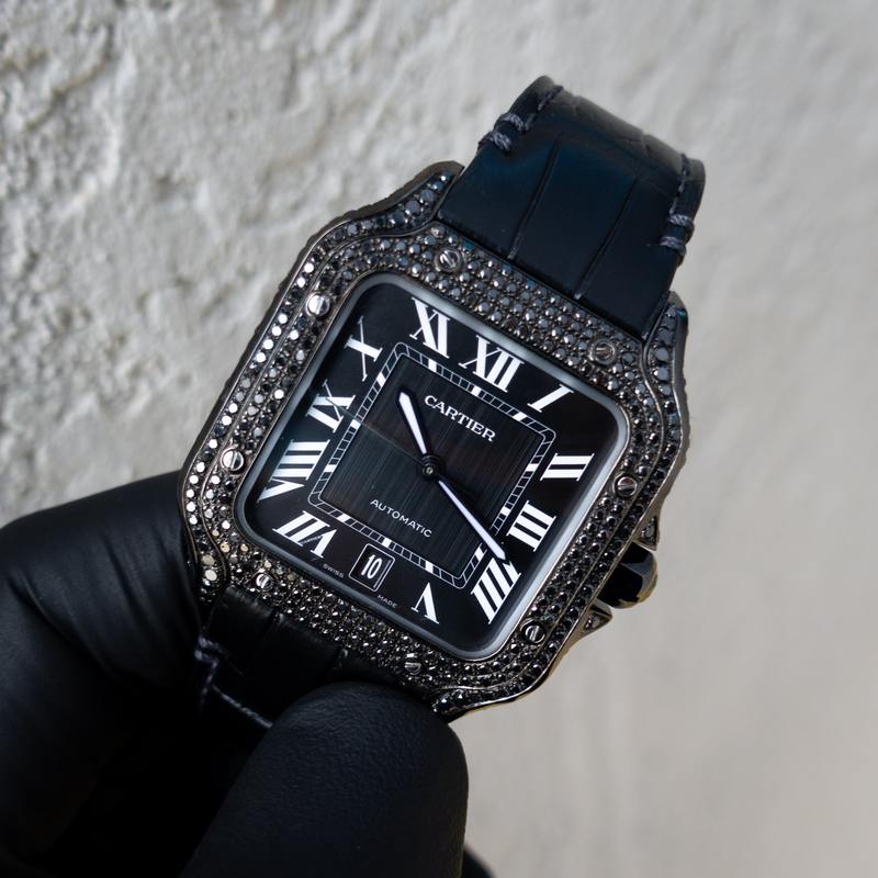 CARTIER – SANTOS DE CARTIER – BLACK DIAMOND & LEATHER – CUSTOM DIAMOND SET