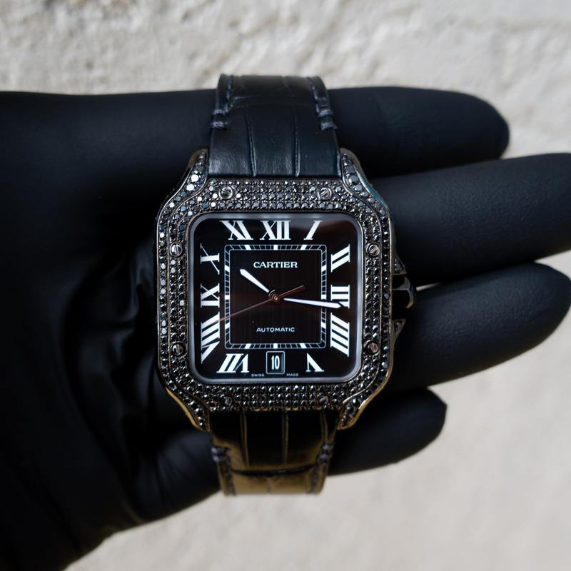CARTIER – SANTOS DE CARTIER – BLACK DIAMOND & LEATHER – CUSTOM DIAMOND SET