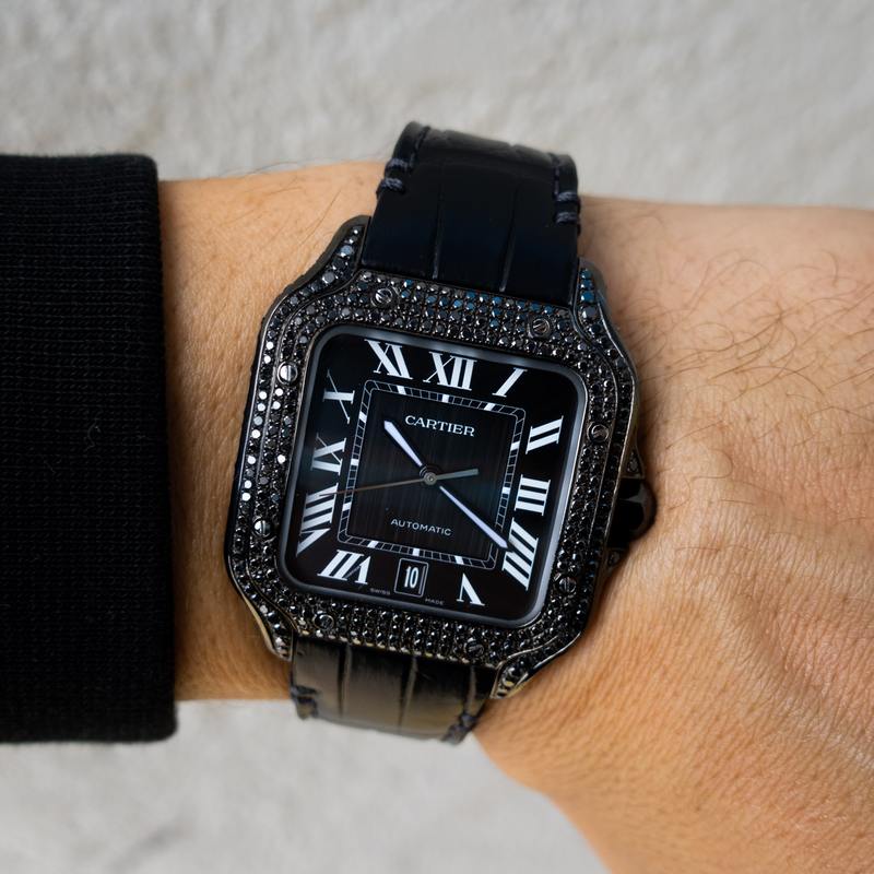 CARTIER – SANTOS DE CARTIER – BLACK DIAMOND & LEATHER – CUSTOM DIAMOND SET