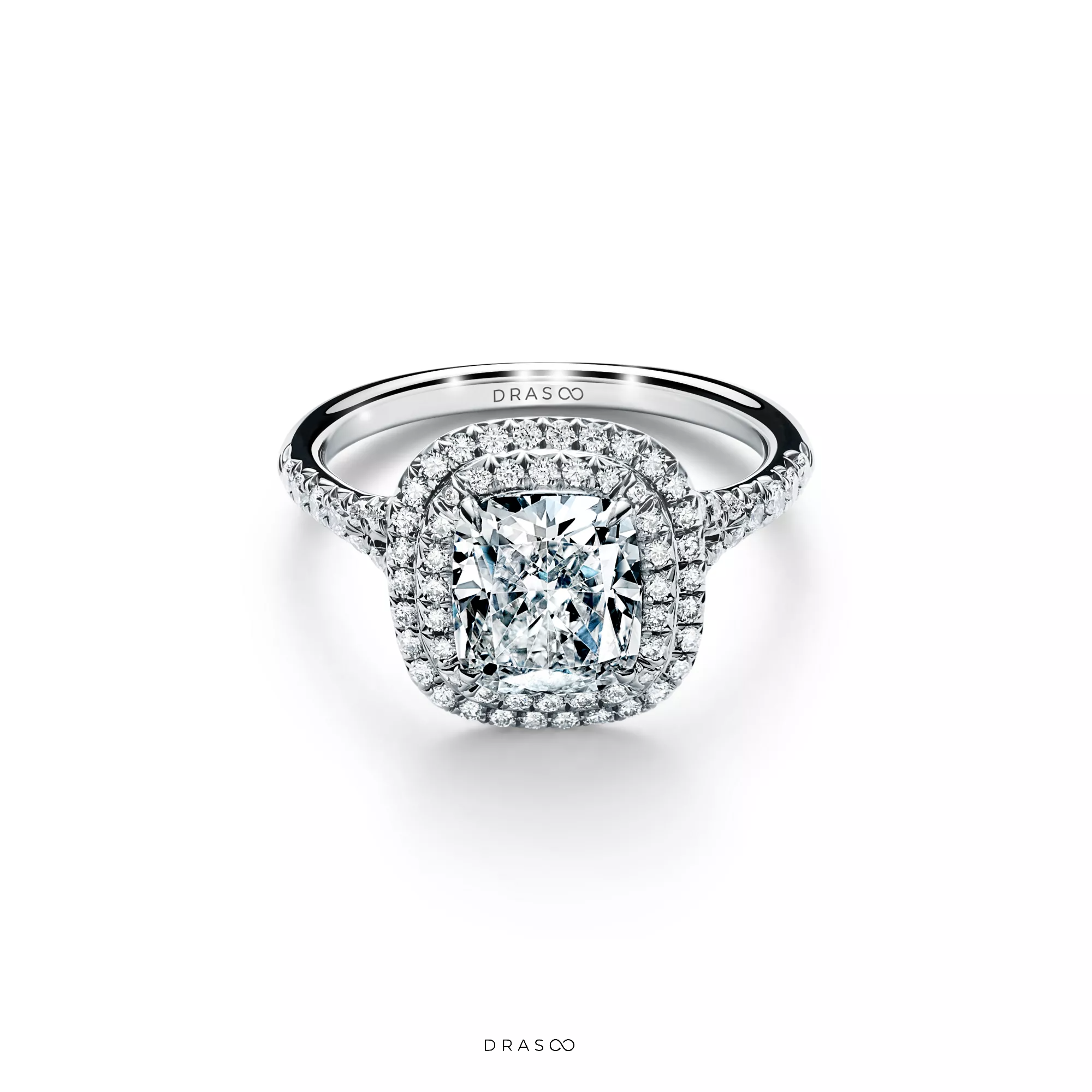 Cushion-Cut Double Halo Engagement Ring with a Diamond Platinum Band
