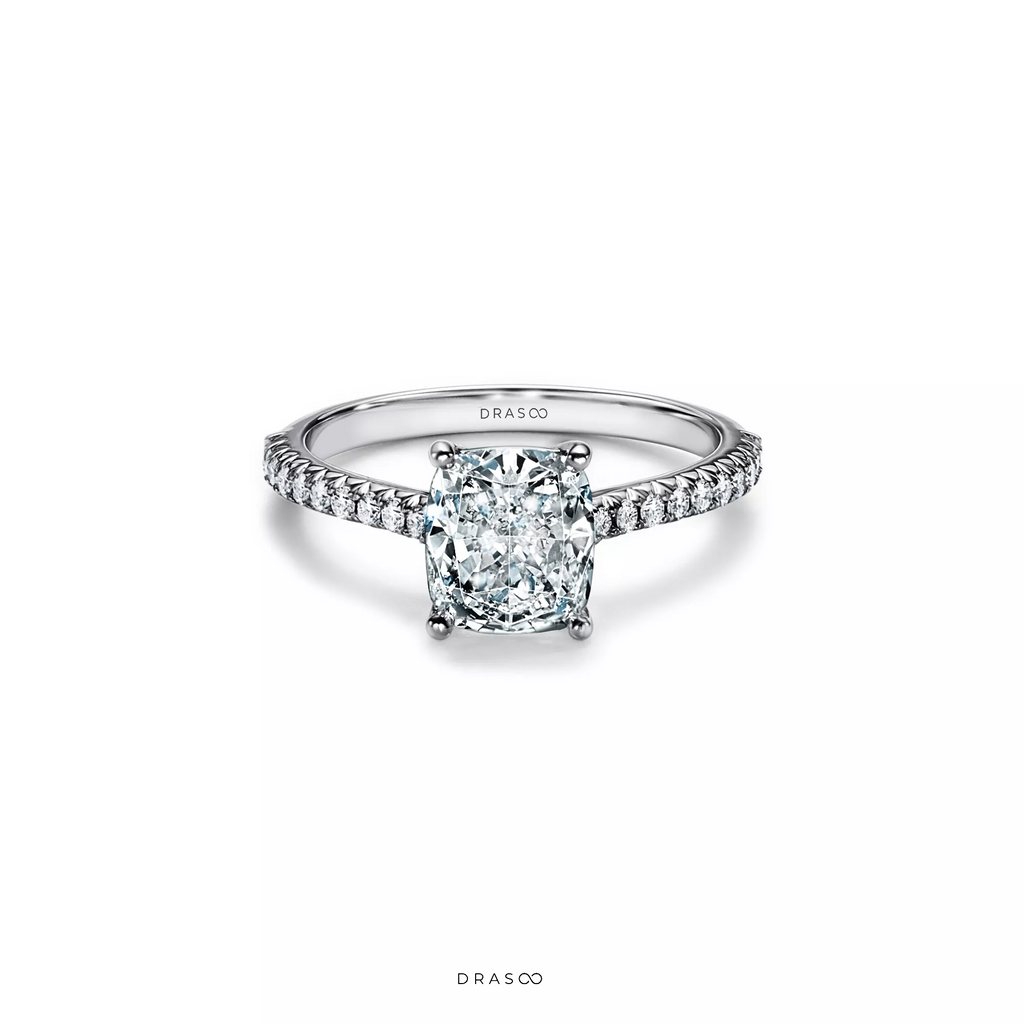 Cushion-Cut Engagement Ring with a Pavé Diamond Platinum Band