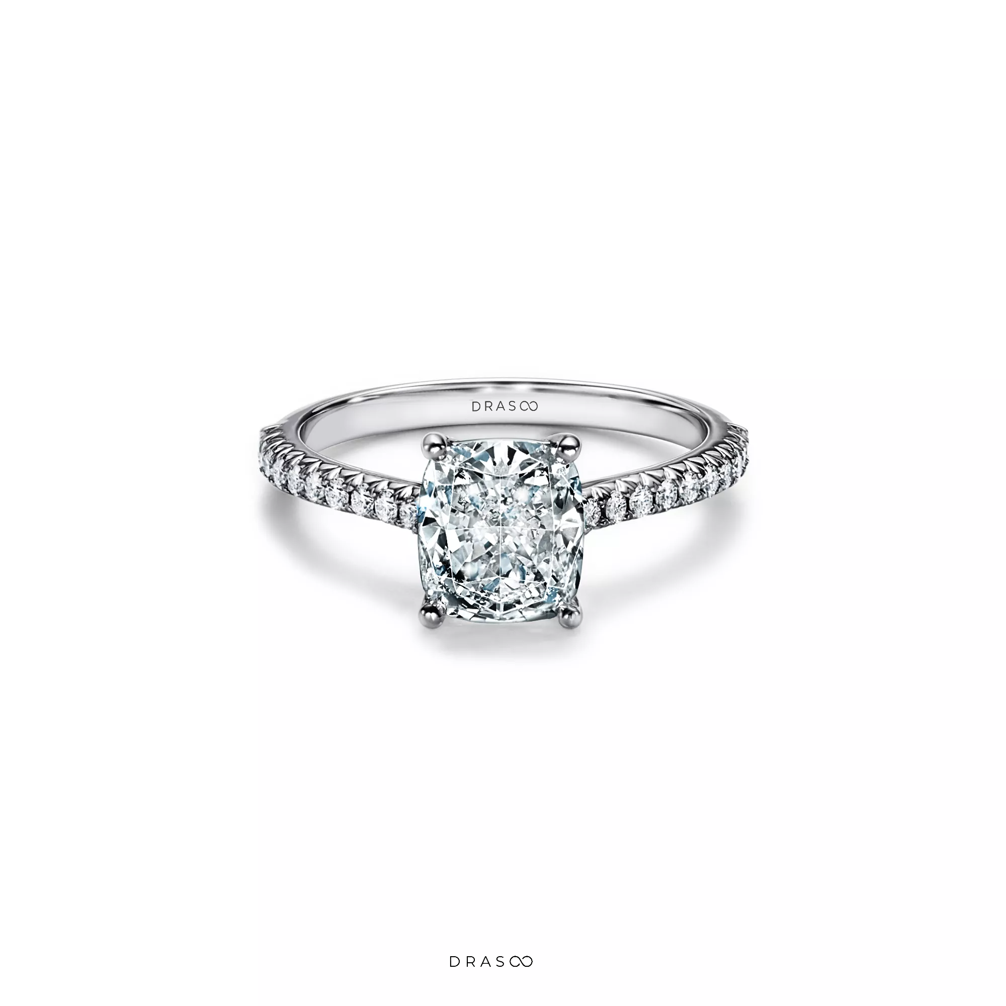 Cushion-Cut Engagement Ring with a Pavé Diamond Platinum Band