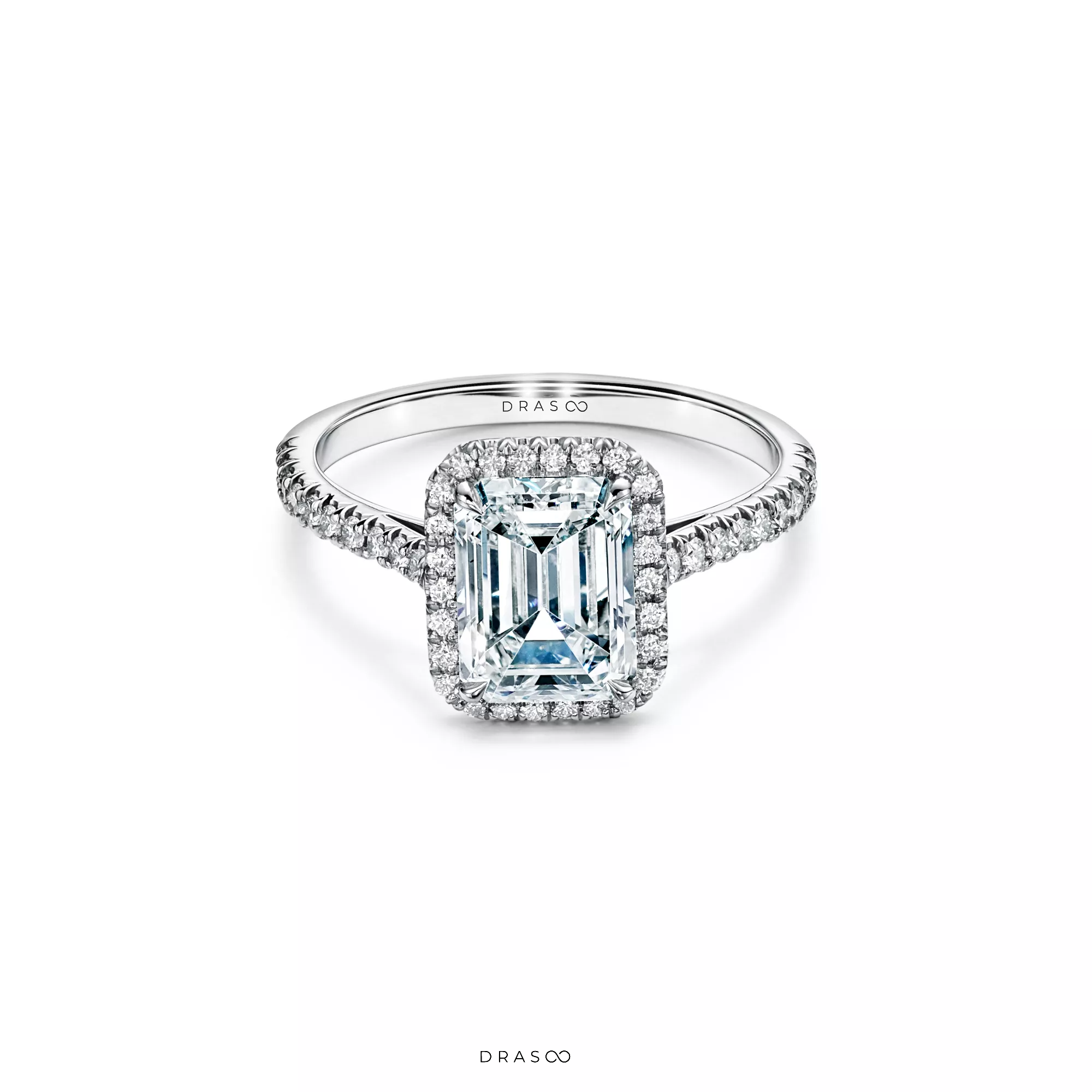 Emerald-Cut Halo Engagement Ring with a Diamond Platinum Band