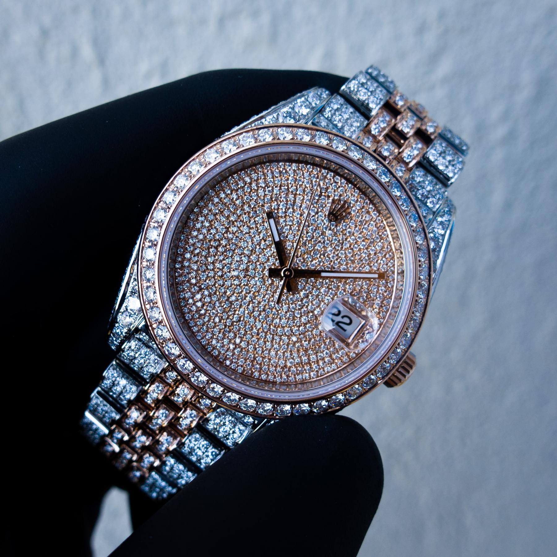 ROLEX DATEJUST 41 – 18CT EVEROSE GOLD & OYSTERSTEEL – JUBILEE – CUSTOM DIAMOND SET & COVERT DIAL