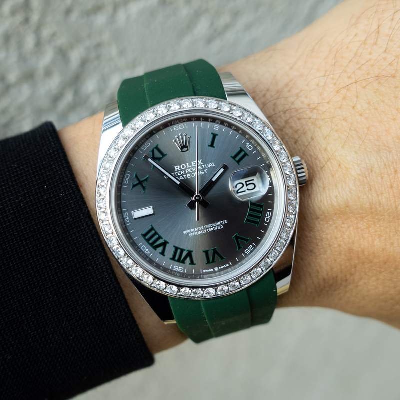 ROLEX DATEJUST 41 – OYSTERSTEEL – OYSTER – CUSTOM DIAMOND BEZEL – WIMBLEDON DIAL – HORUS GREEN