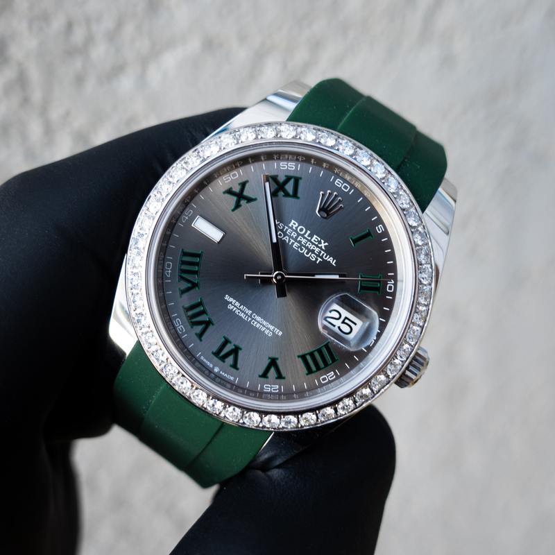 ROLEX DATEJUST 41 – OYSTERSTEEL – OYSTER – CUSTOM DIAMOND BEZEL – WIMBLEDON DIAL – HORUS GREEN