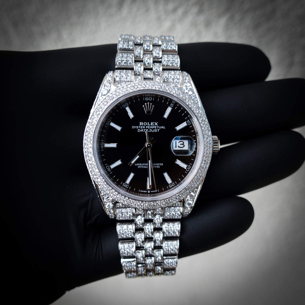 ROLEX DATEJUST 41 – OYSTERSTEEL – JUBILEE – BLACK DIAL – CUSTOM DIAMOND SET (PAVÉ BEZEL)90O