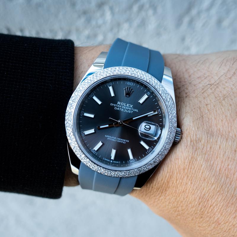 ROLEX DATEJUST 41 – OYSTERSTEEL – OYSTER – CUSTOM PAVE BEZEL – GREY RHODIUM DIAL – HORUS GREY