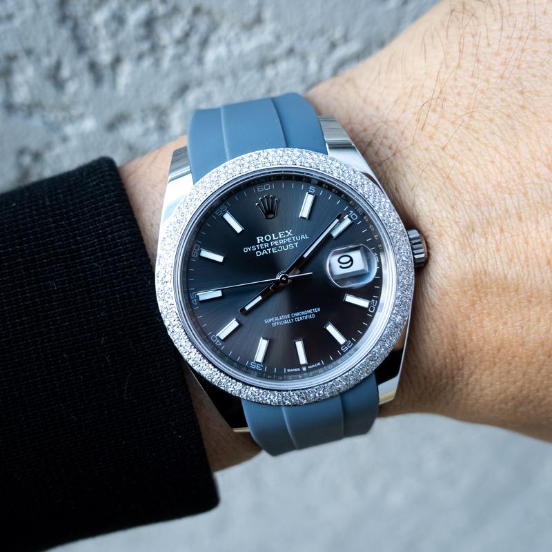 ROLEX DATEJUST 41 – OYSTERSTEEL – OYSTER – CUSTOM PAVE BEZEL – GREY RHODIUM DIAL – HORUS GREY