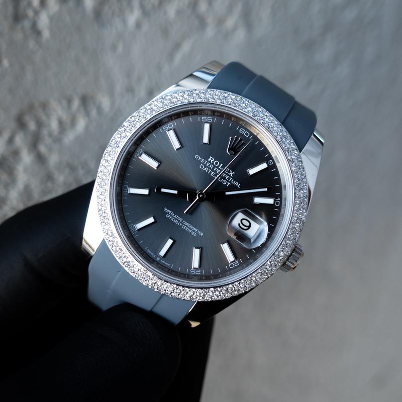 ROLEX DATEJUST 41 – OYSTERSTEEL – OYSTER – CUSTOM PAVE BEZEL – GREY RHODIUM DIAL – HORUS GREY