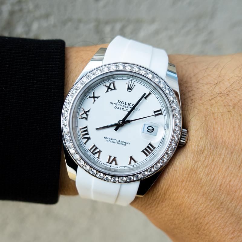ROLEX DATEJUST 41 – OYSTERSTEEL – OYSTER – CUSTOM DIAMOND BEZEL – WHITE ROMAN DIAL – HORUS WHITE