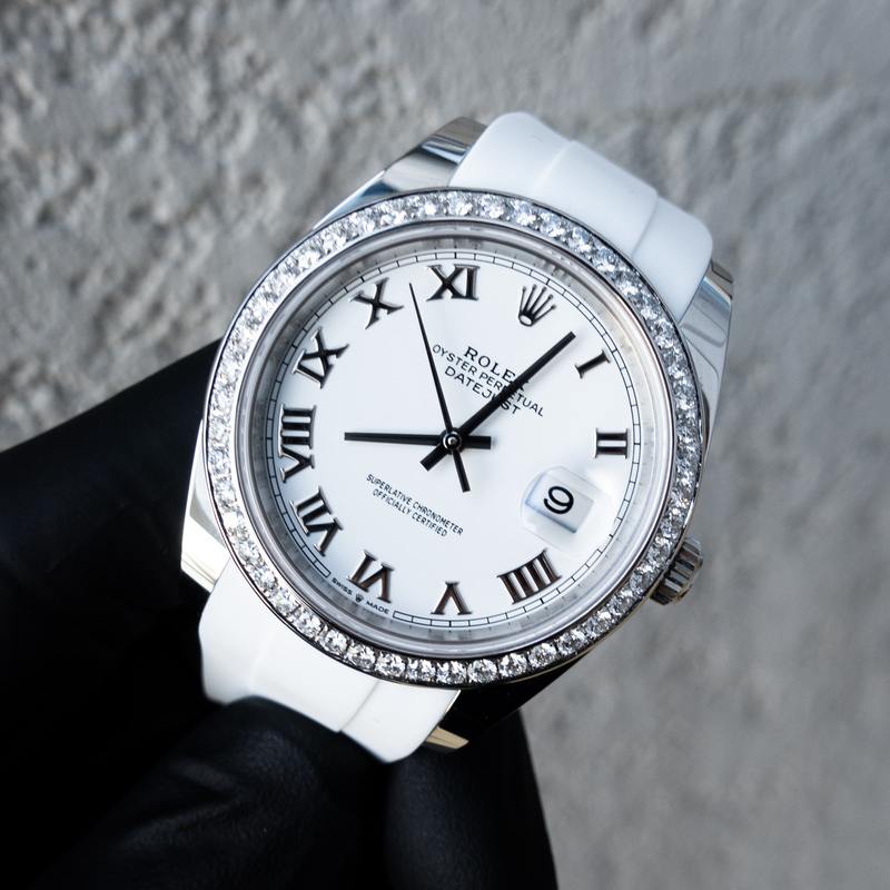 ROLEX DATEJUST 41 – OYSTERSTEEL – OYSTER – CUSTOM DIAMOND BEZEL – WHITE ROMAN DIAL – HORUS WHITE