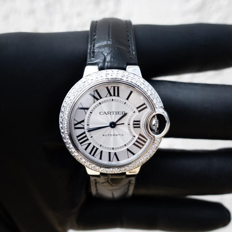 CARTIER LADIES BALLON BLEU DE CARTIER SILVERED GUILLOCH DIAL CUSTOM DIAMOND SET